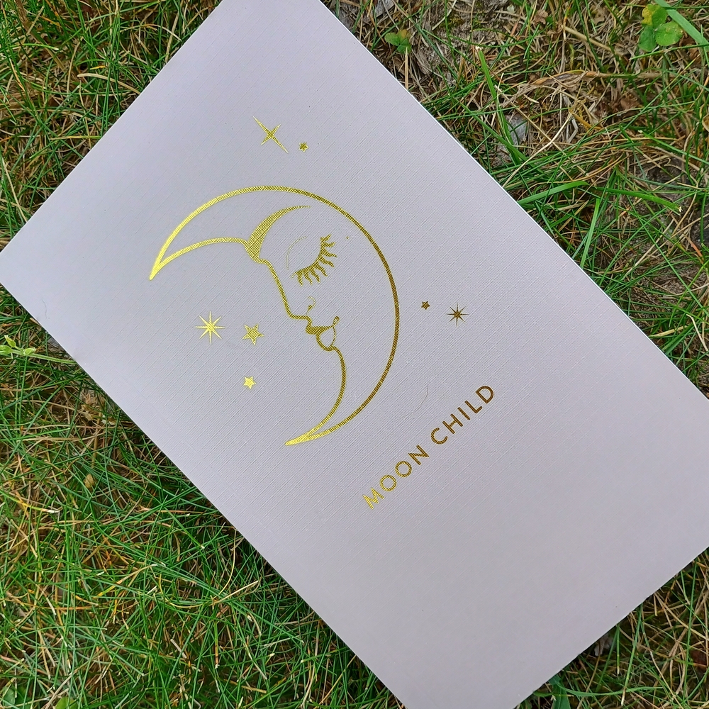 Super cute "Moon Child" notebook or journal, journalling supplies, writing desk